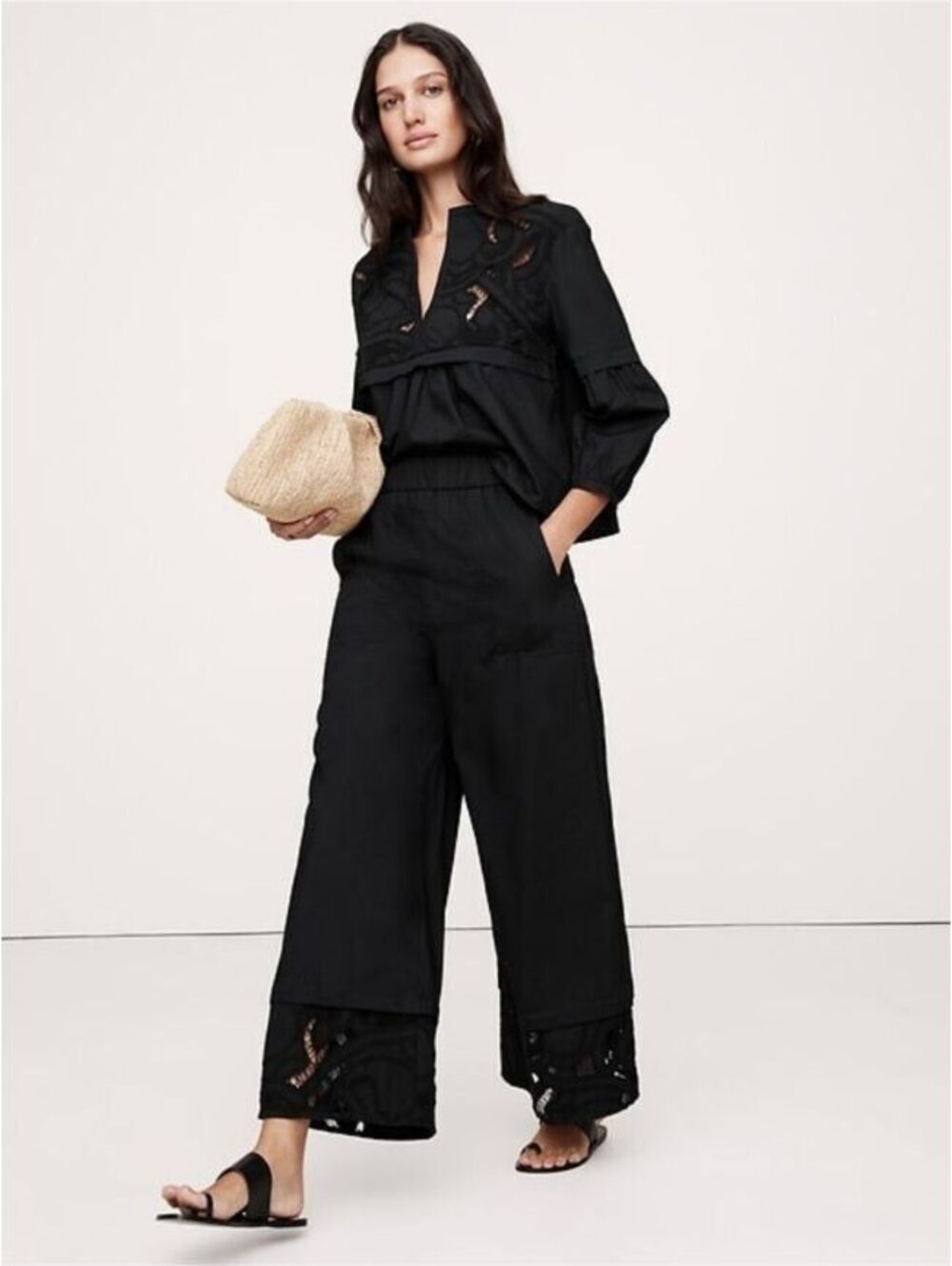 Banana Republic High-Rise Wide-Leg Embroidered Cotton Poplin Cropped Pant